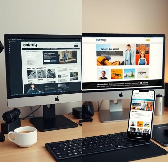 Split-screen image showing an outdated website on one side and a modern, responsive website on the other, displayed on desktop and mobile devices.