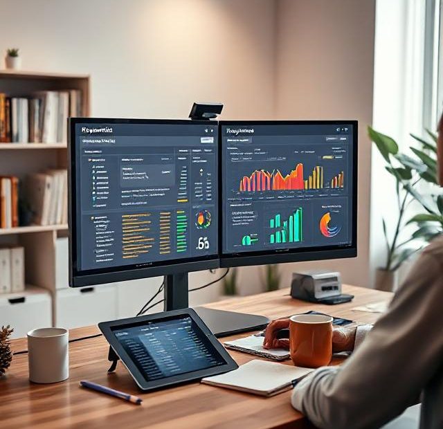 Digital marketer reviewing keyword research data on a dual-screen setup in a home office.