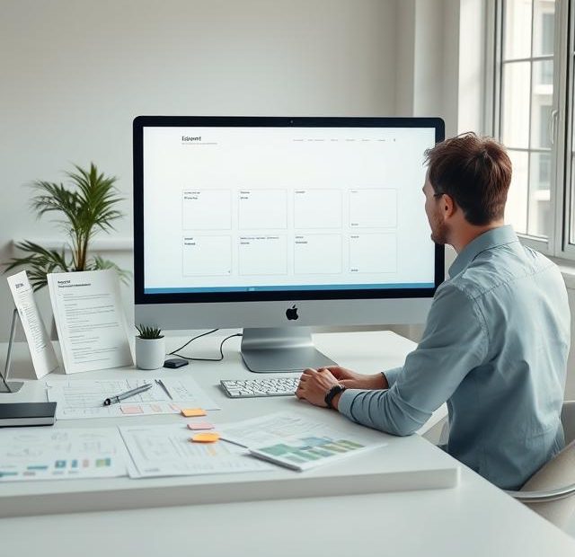 UX designer working on a clean, simplified user interface in a modern office with sketches and UI wireframes visible.