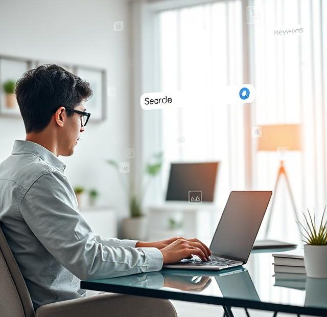 Person working on a laptop with floating SEO-related icons like search bars, website rankings, and keywords, symbolizing how search engines work.