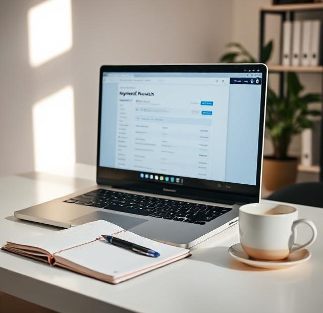 A sleek home office desk with a laptop displaying keyword research data and SEO tools for keyword selection.