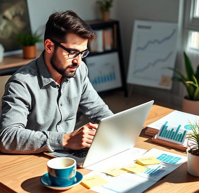 Person doing keyword research on laptop with SEO charts and notes in a home office.