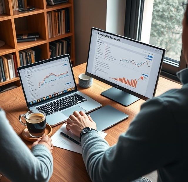Person researching SEO keywords on a laptop at a desk with graphs, coffee, and notes.