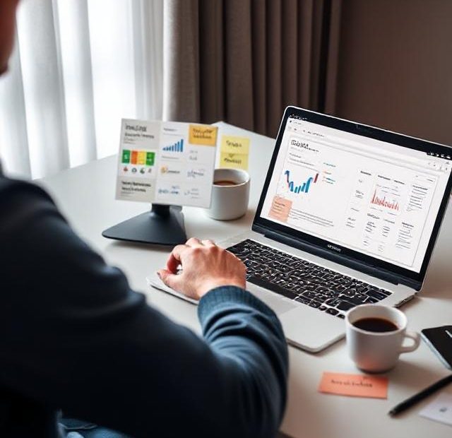 Digital marketer optimizing a website’s SEO with tools and keywords visible on a laptop screen, surrounded by sticky notes and a cup of coffee.