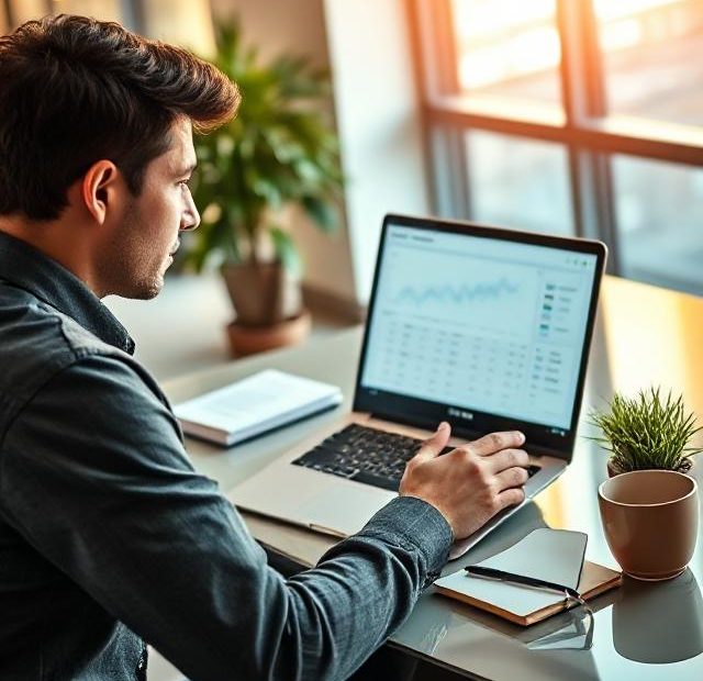 A person working at a desk on a laptop, analyzing SEO keyword research and performance data, surrounded by a notebook and a coffee cup.