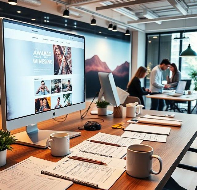 A modern workspace with a team collaborating and a computer screen displaying an award-winning website layout.