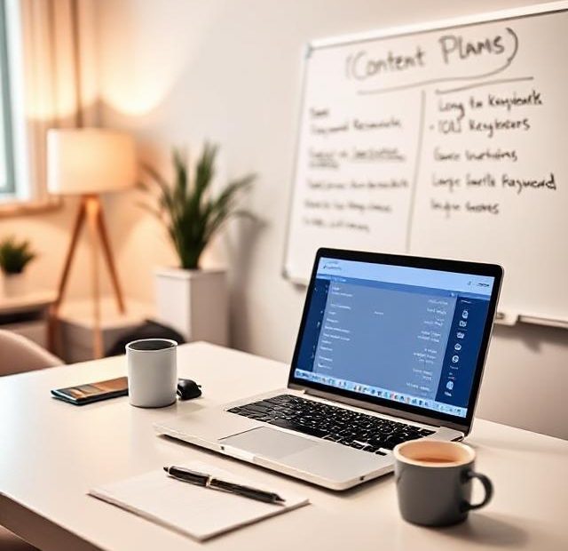 A home office desk with a laptop showing keyword research results and long-tail keyword phrases on a whiteboard.