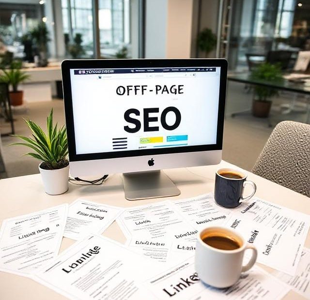 Digital marketing professional working on off-page SEO strategy with keywords and tools displayed on a laptop screen in a modern office setting.