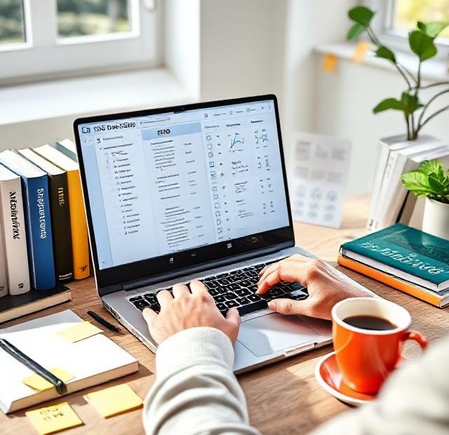 Person reviewing an on-page SEO checklist on a laptop in a well-lit home office with SEO tools visible on the screen.