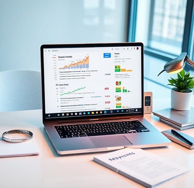 Professional digital marketing workspace with laptop showing search engine results, featuring SEO and SEM elements like organic traffic and paid ads.