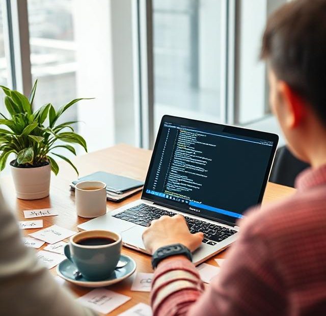 Digital marketer working on technical SEO tasks with code on laptop screen, focusing on website optimization for speed, security, and mobile compatibility.