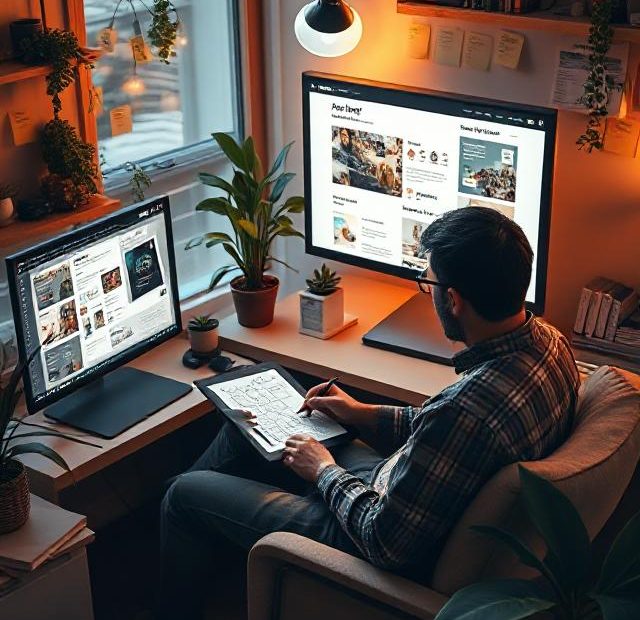 Web developer crafting a narrative-driven website in a warm, creative workspace.