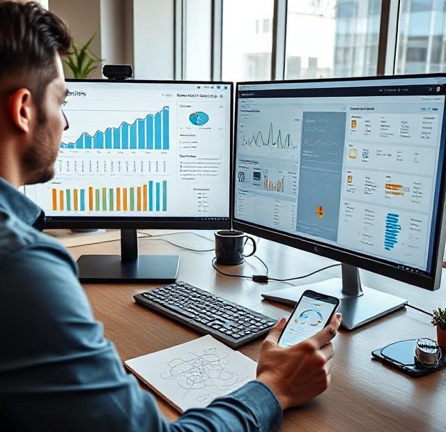 Digital marketer reviewing SEO ranking data on dual screens with charts, audit tools, and mobile stats in a modern workspace.