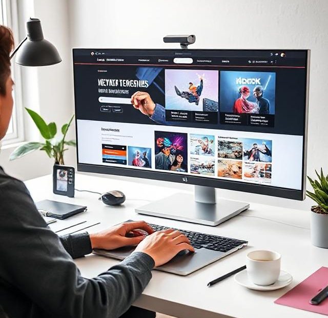 Web designer working on the latest 2025 website design trends on a sleek laptop and monitor with a clean, modern workspace.
