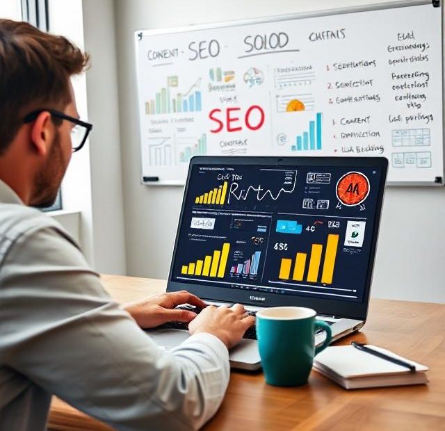 Digital marketer working on a laptop with SEO charts and strategies visible on the screen in a modern office workspace.